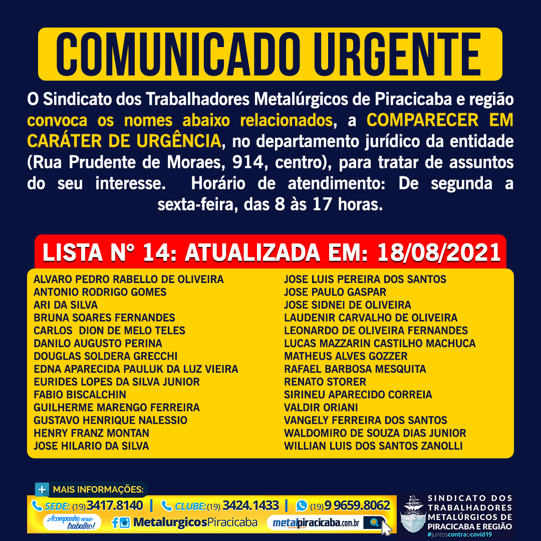 Comunicado Urgente Sindicato dos Metalúrgicos de Piracicaba e Região