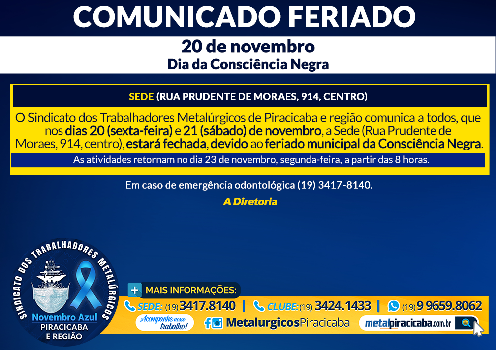 Comunicado Feriado 20 de novembro Dia da Consciência Negra