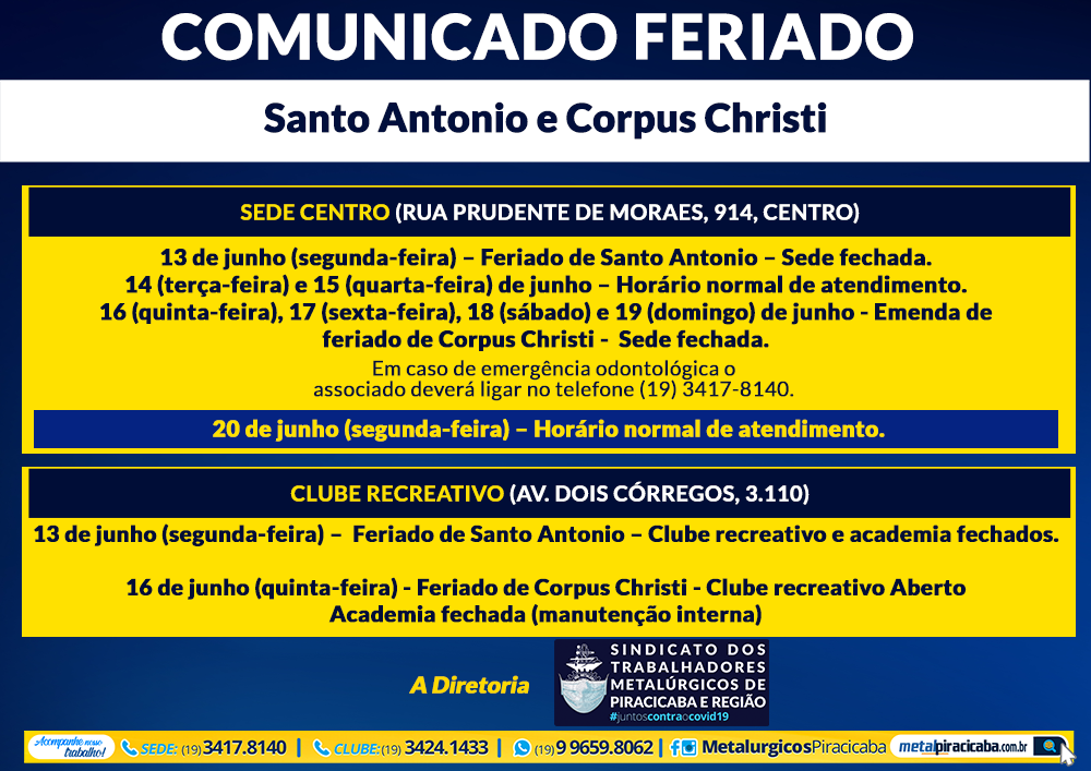 Comunicado Feriado Santo Antonio e Corpus Christi Sindicato dos