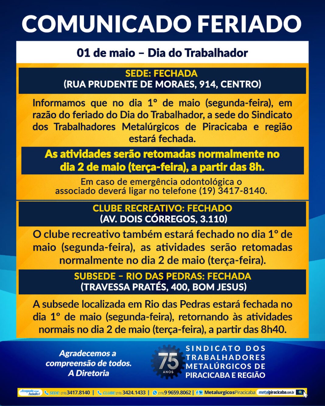 Comunicado – Feriado – 01 De Maio – Dia Do Trabalhador | Sindicato Dos ...